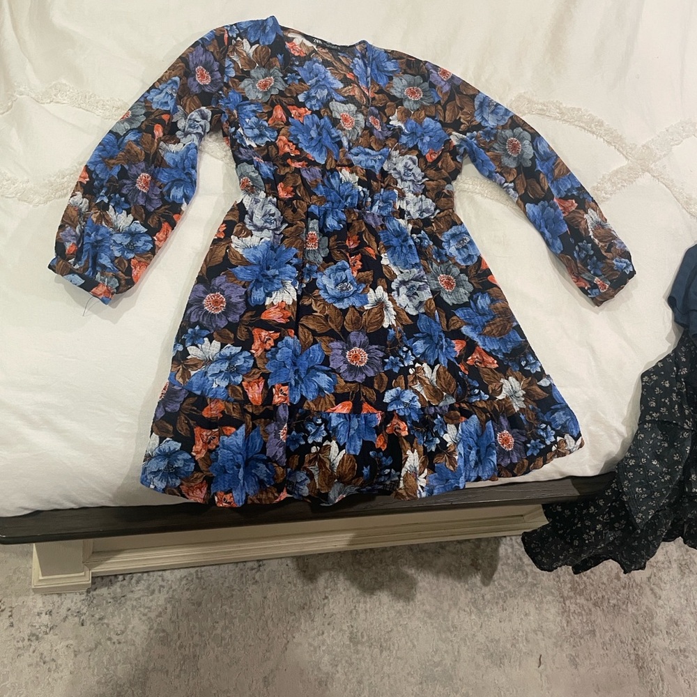 Zara Blue and Brown Floral Mini Dress